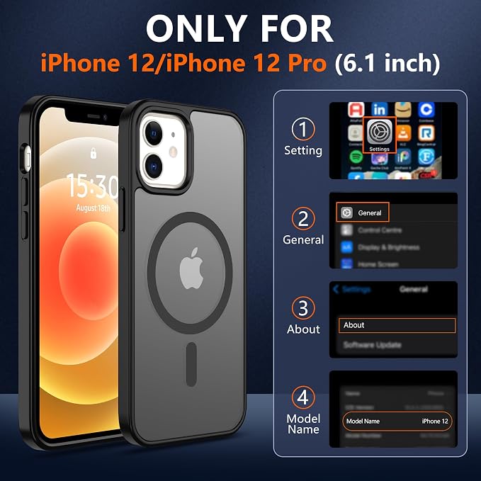 Pilaru for iPhone 12 Case & iPhone 12 Pro Case [Compatible with Magsafe] Translucent Matte Magnetic Case with Screen Protector,SlimThin Shockproof Protection Case for iPhone 12 & 12 Pro-Black