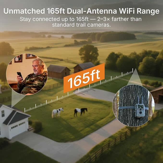 GardePro E6 2.0 Pro WiFi Trail Camera (Non-Cellular), 64MP Photos, 4K Video, Dual Antennas 165ft Range, 7800mAh Battery, Live View, 110° Wide-Angle, No-Glow Night Vision, Motion Activated