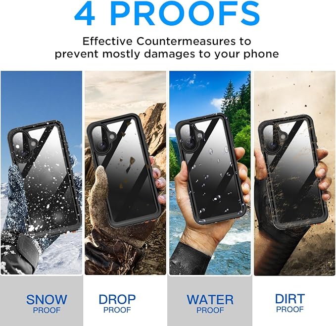 AICase Compatible with iPhone 16 Case Waterproof, Clear Water Proof Built-in Screen Protector Shockproof Dustproof Snowproof Full Body Rugged Underwater Phone Case