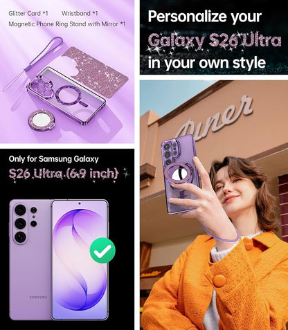 Meifigno Magnetic Case for Samsung Galaxy S26 Ultra 6.9" + Removable Phone Grip Kit, [Phone Ring Holder with Built-in Mirror] [Compatible with MagSafe] [Glitter Card & Wrist Strap], Cobalt Violet