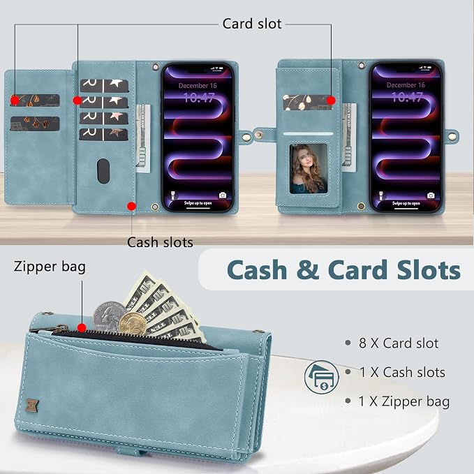 Wallet Case for iPhone 16 Pro Max with Card Holder/Crossbody Wallet/Strap| RFID Blocking | Magnetic | Kickstand | Detachable | PU Leather Phone Case for iPhone 16 Pro Max,6.9 in,Blue