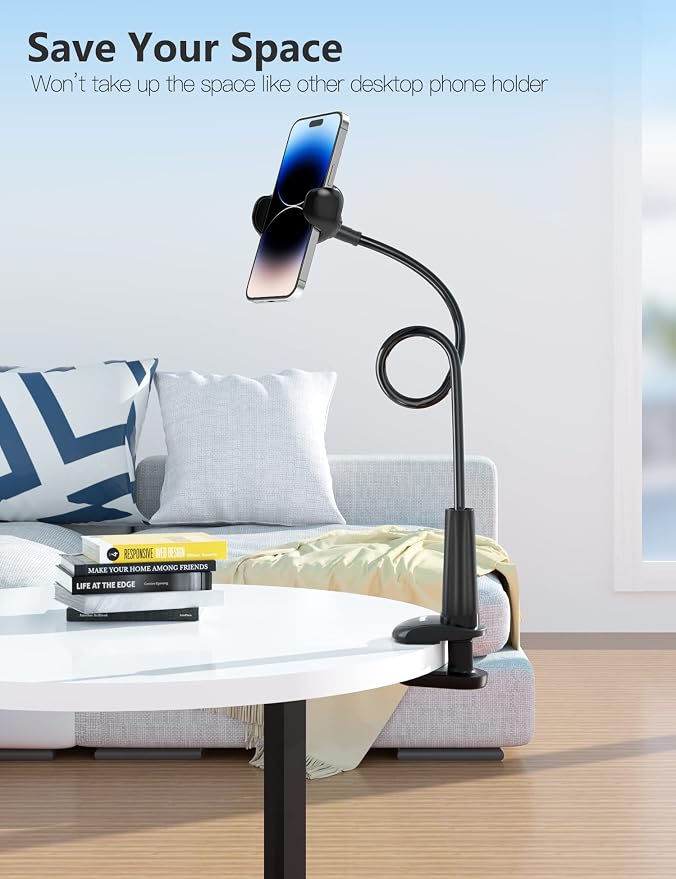 Tryone Gooseneck Phone Holder Hands-Free for Phone Viewing Or Recording, Adjustable Stable Metal Cell Stand Mount for Desk Table Bed, Soporte para Celular, Fits 4-7 Phones Including iPhone - Black