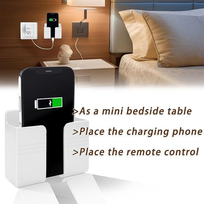 2 Pcs Wall Mount Phone Holder with 3M Adhesive Phone Stand with Data Cable Receiving Hole, Phone Charger Stand Remote Control Storage Box for Bedroom, Kitchen, Bathroom, Office (White)