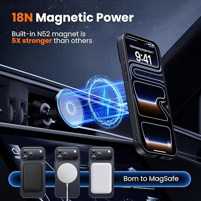 3 in 1 for iPhone 17 Pro Case Matte Black,Fits MagSafe, Screen Protector*1 Camera Lens Protector*1,Matte Skin Feeling Back, Cover Military-Grade Protection