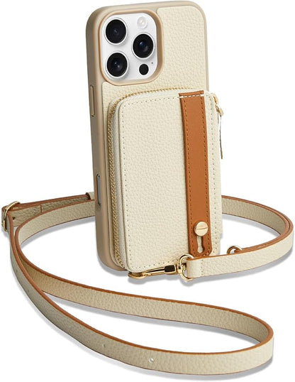 LAMEEKU Compatible with iPhone 16 Pro Case Wallet with Card Holder, Zipper Leather Crossbody Case with Phone Grip Holder Stand Wrist Strap for Women 6.3 inch Beige