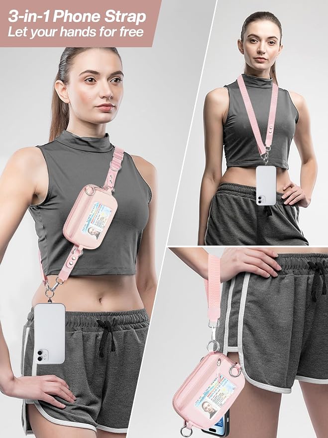 Clip and Go Strap for Phone with Wallet Crossbody Phone Lanyard Adjustable and Detachable RFID Wristlet Wallet with ID Window and Zipper, Pink