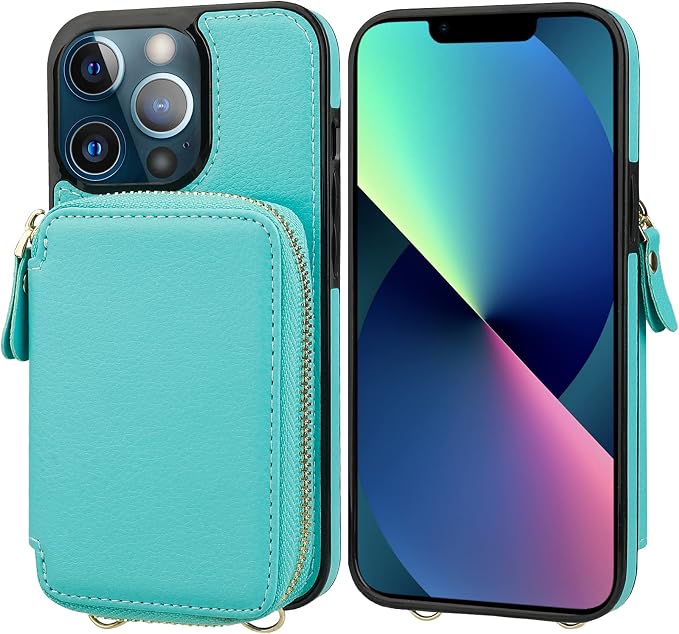 Bocasal RFID Blocking Wallet Case for iPhone 13 Pro, Adjustable Crossbody Zipper Purse Case Card Holder with Kickstand Detachable Wrist Strap, PU Leather Flip Folio Case 6.1 Inch 5G (Mint Green)