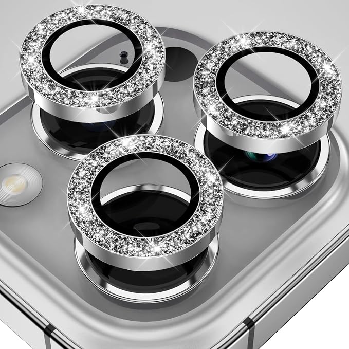 YWXTW Designed for iPhone 14 Pro/iPhone 14 Pro Max Camera Lens Protector Bling, [New Glitter Design] Individual Metal Tempered Glass Camera Cover Accessories Case Friendly, 1 Set (Silver Glitter)