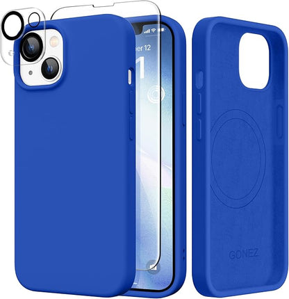 GONEZ Magnetic for iPhone 14 Case, Compatible with Magsafe, with Screen Protector + Camera Protector, Anti-Scratch Microfiber Lining, Liquid Silicone Shockproof Protective Phone Case, Klein Blue