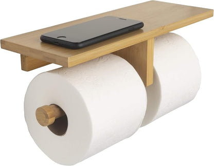 Modern Hanging Wall Mount Natural Bamboo Double Dual Toilet Paper Holder with Convenience Shelf Tray for Toilet Paper, Phone, Plants, Decor, and Other Accessories