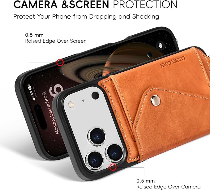 LUCKYCOIN for iPhone 17 Pro Max Crossbody Wallet Case – Genuine Leather Phone Purse with Adjustable Strap and Card Holder,Lanyard Phone Purse Case for Women,Vintage Brown