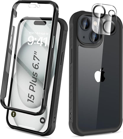 Compatible with iPhone 15 Plus Case, Built-in Screen Protector, with Camera Lens Protector, Anti-Yellowing Full Body Phone Case, Shockproof Protective Cover for 15Plus 6.7" (Black)
