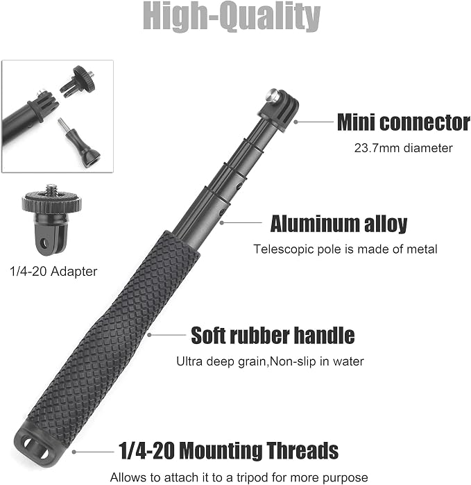 SOONSUN 23'' Short Extension Selfie Stick Compact Hand Grip Waterproof Monopod Pole for GoPro Hero 13 12 11 10 9 8 7 6 5 4, Fusion, Session, Insta360 X2 X3, GO3, AKASO, DJI Osmo Action Camera