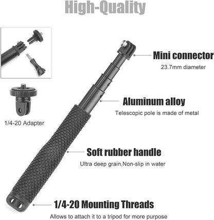SOONSUN 23'' Short Extension Selfie Stick Compact Hand Grip Waterproof Monopod Pole for GoPro Hero 13 12 11 10 9 8 7 6 5 4, Fusion, Session, Insta360 X2 X3, GO3, AKASO, DJI Osmo Action Camera