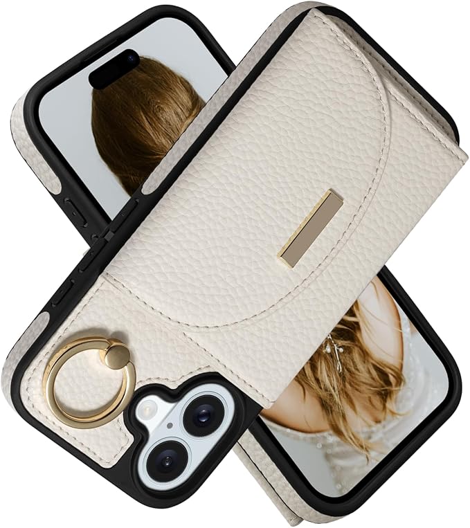 Keallce Wallet Case for iPhone 16 Plus 6.7'', Flip Case with Card Slots, Ring Holder Kickstand, PU Leather Protective Folio Cover for Women, Beige