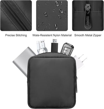 Tech Organizer Pouch, Small Multi-Pocket Electronics Case (Black) | Water-resistant nylon, foam padding, metal zipper, travel cable bag for charger, power bank, earbuds, SD cards and USB cables
