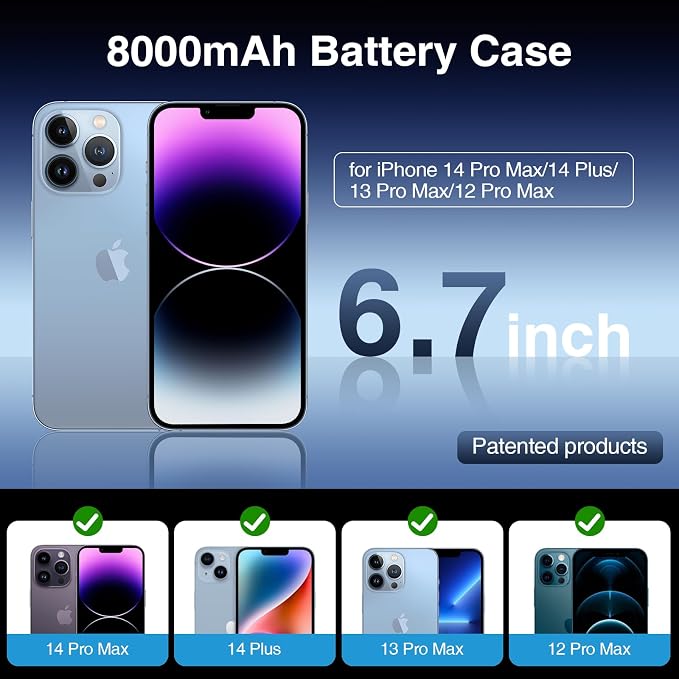 GIN FOXI Battery Case for iPhone 14 Pro Max/14 Plus/13 Pro Max/12 Pro Max, Rechargable Charging Case with Stand 8000mAh Portable Extended Case Cover for 14 Pro Max,14Plus,13/12Pro Max Black