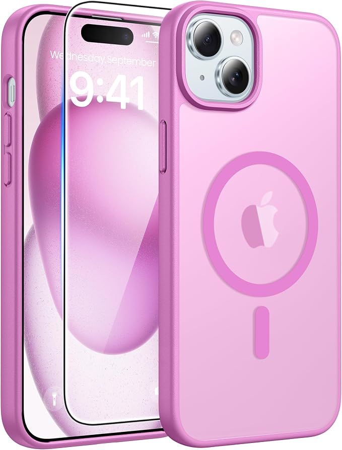 FNTCASE for iPhone 15/14/13 Case, Fit for Magsafe, Glass Screen Protector | Translucent Matte, Magnetic Phone Cases, 14FT Military Grade Drop Protection, Slim Shockproof Protective Cover, Pink