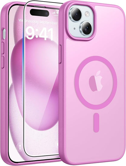 FNTCASE for iPhone 15/14/13 Case, Fit for Magsafe, Glass Screen Protector | Translucent Matte, Magnetic Phone Cases, 14FT Military Grade Drop Protection, Slim Shockproof Protective Cover, Pink