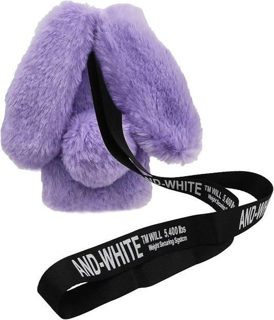 Rabbit Ear Case for iPhone 14 Plus 6.7, Crossbody Strap Case Fuzzy Fluffy Cute Women Girls Kids Plush Ball Bunny Fur Phone Case Shockproof Silicone Bumper Protective Cover,Purple