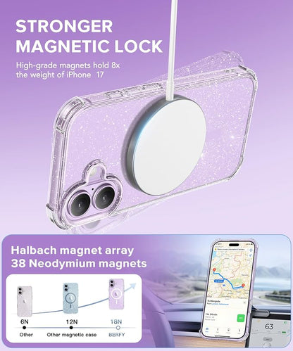 BERFY for iPhone 17 Case for Women, Clear Glitter Shockproof Protective Case, Anti-Yellowing, with Screen Protector & Camera Lens Protector 6.3", Magnetic Sparkle Clear