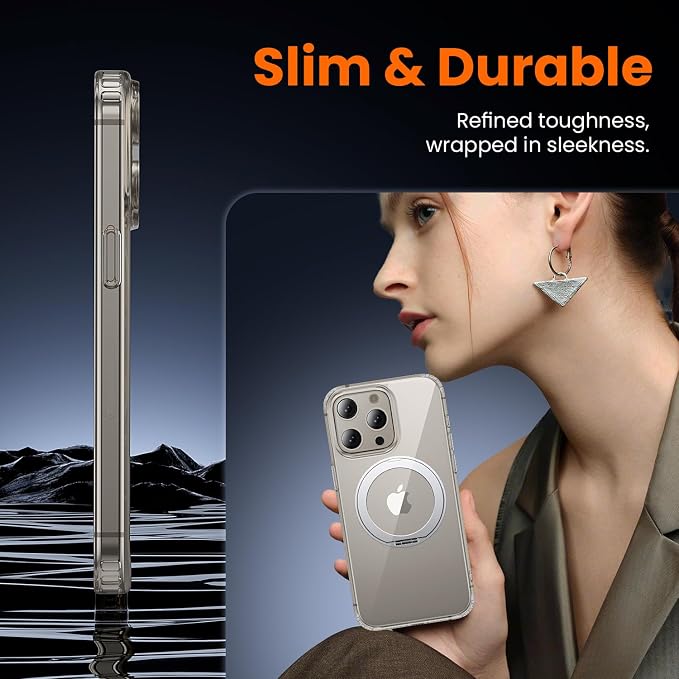 3 in 1 for iPhone 15 Pro Case Stand |Build in Kickstand,Screen Protector *1 & Camera Lens Protector*1, Not Yellowing, Fits MagSafe, Military-Grade Protection