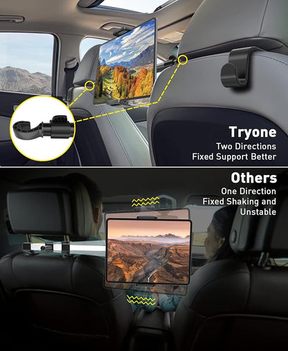 Tryone Car Tablet Holder Mount for iPad: Headrest Tablet Stand for Car Back Seat Compatible with iPad Pro Air Mini | Galaxy Tab | Kindle Fire HD | Switch OLED or Other 4.7-16.1" Devices