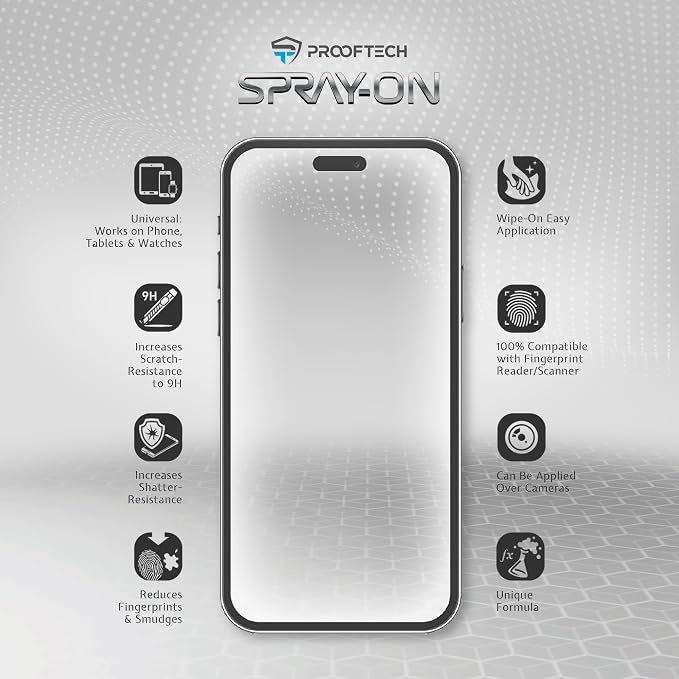 ProofTech SPRAY ON Liquid Glass Screen Protector for up to 10 Devices - Wipe On Scratch and Crack Resistant Nano Protection for All Phones Tablets Smart Watches Universal