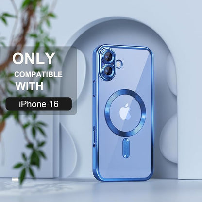 Misea Magnetic for iPhone 16 Case Compatible with MagSafe [Never Yellowing] [Military Grade Drop Protection] Full Camera Lens Protector Plating Soft Clear Phone Case for Women 6.1 inch, Deep Blue