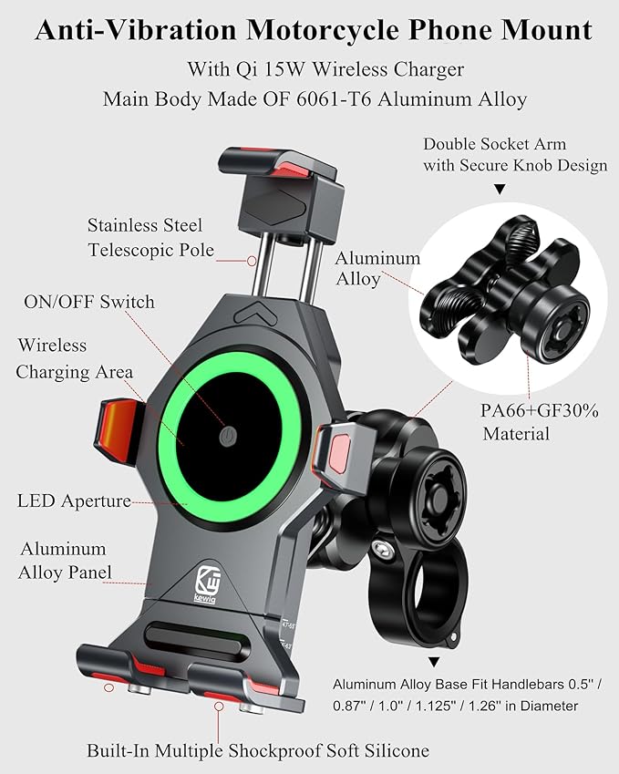 BRCOVAN Aluminum Alloy Motorcycle Phone Mount with Qi 15W Wireless Charger & Vibration Dampener, Anti-Theft Waterproof Motorcycle Handlebar Cellphone Holder, Adjustable Fit 4.7''-7.2'' Smartphones