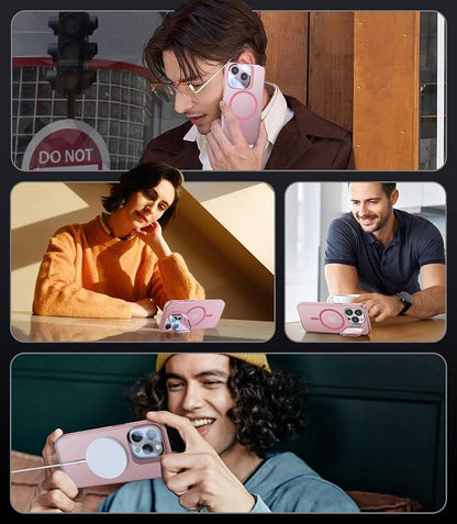 for iPhone 15 Pro Case with Camera Cover Stand [Built-in 9H Camera Lens Protector][Fit for Magsafe] Military Grade Shockproof Translucent Matte Magnetic Phone Case 6.1", Pink