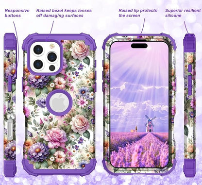 Hocase for iPhone 16 Pro Case 6.3", Heavy Duty Shockproof Protection Soft Silicone Rubber+Hard Plastic Bumpers Hybrid Protective Case for iPhone 16 Pro 2024 - Purple Pink Flowers