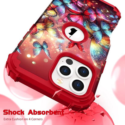 Hocase for iPhone 16 Pro Case 6.3", Heavy Duty Shockproof Protection Soft Silicone Rubber+Hard Plastic Bumpers Hybrid Protective Case for iPhone 16 Pro 2024 - Shimmering Butterflies in Red