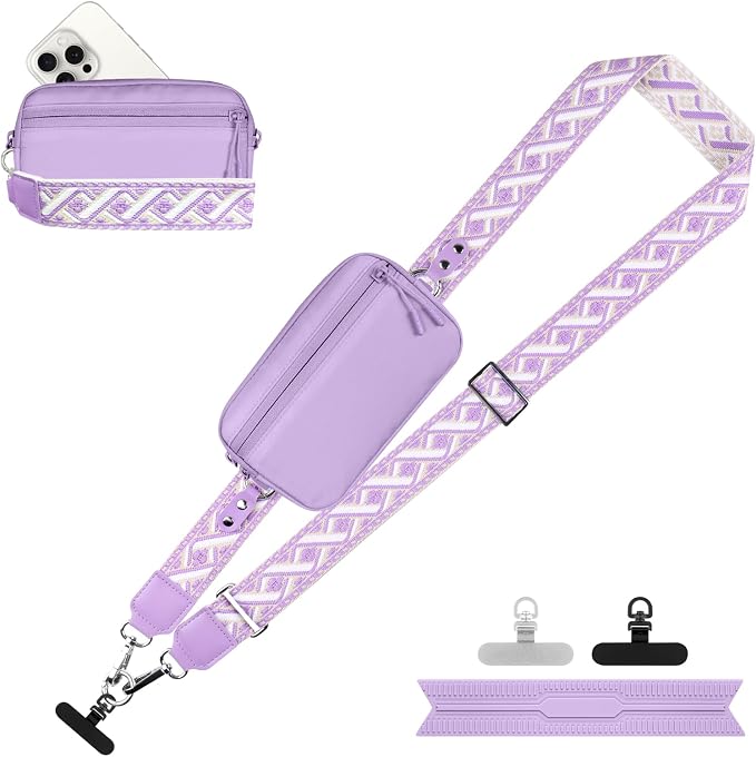 YFWE Clip and Go Strap for Phone with Wallet Crossbody, Adjustable Phone Lanyard with Detachable RFID Wristlet Wallet, Pattern Strap - Purple (L)