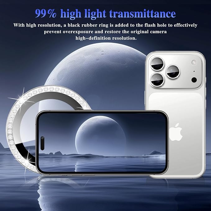 ShinKin Camera Lens Protector for iPhone 17 Pro/iPhone 17 Pro Max, Glitter Camera Cover, 9H Tempered Glass Individual Metal Ring Camera Protector for iPhone 17 Pro/17 Pro Max (Diamond - Silver)