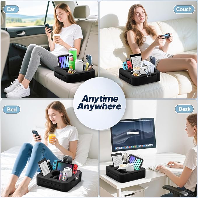 Couch Cup Holder Pillow, Sofa and Bed Caddy for iPad, Kindle, Switch, Game Controller, Remotes, Phones, Small-Sized Cup and Drink Holder for Couch, Bed, Desk, Car, Beach, Bathroom Cup Holder, Black