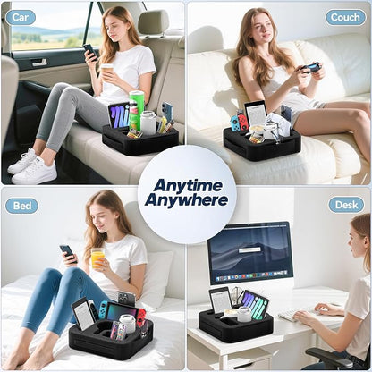 Couch Cup Holder Pillow, Sofa and Bed Caddy for iPad, Kindle, Switch, Game Controller, Remotes, Phones, Small-Sized Cup and Drink Holder for Couch, Bed, Desk, Car, Beach, Bathroom Cup Holder, Black