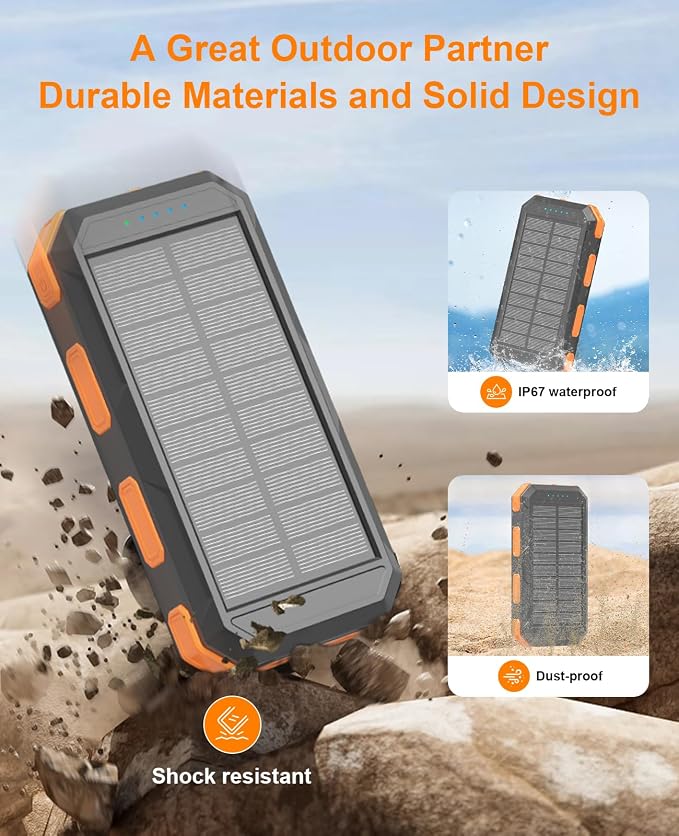 Solar Charger Power Bank 38800mAh, PD 22.5W USB-C Fast Charging Portable Charger with 4 Built-in Cables, External Battery Pack with Dual LED Emergency Flashlights for Camping, Hiking, Outdoor Use