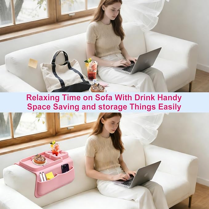 Silicone Couch Cup Holder for Tablet & Phone Stand, Sofa Arm Tray Organizer with Dual Side Pockets for Remotes Snacks Headphones & Glasses Drinks Anti-Slip & Heat Resistant Sofa Caddy (Pink)