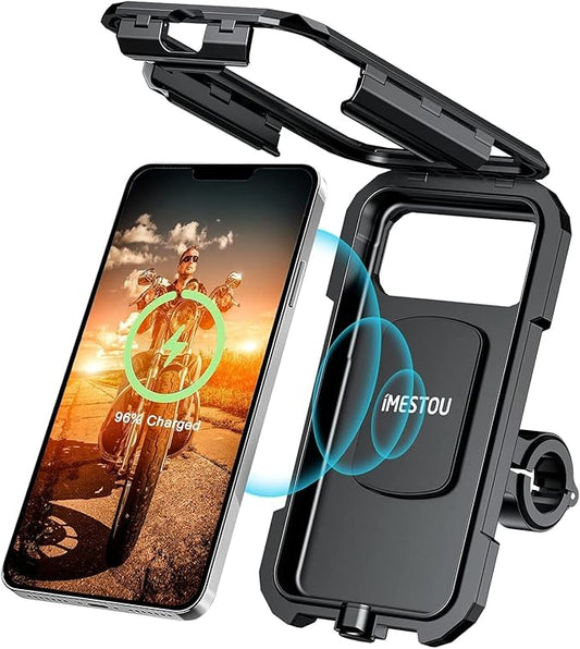 iMESTOU Waterproof IP67 Motorcycle Phone Mount Wireless/USB C Charger Handlebar Cellphone Holder Quick Charge for 5.5"-6.8" Phones, Work by Wiring to 12/24V Motorcycles or Plugging to USB A Sockets