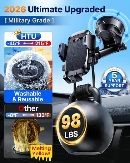 HTU 【98+LBS Strongest Suction & Military-Grade】 Ultimate Car Phone Mount【Patent & Safety Certs】 Cell Phone Holder Truck Stand for Dashboard Windshield Vent for iPhone 17 Pro Max 16 15 Samsung (Black)
