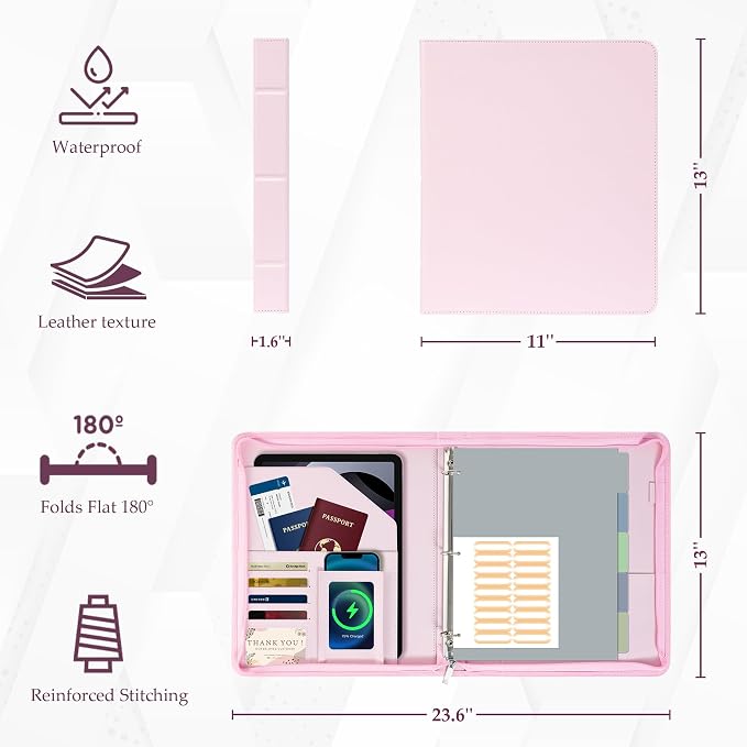 EYROZILL Zippered Leather 3 Ring Binder Organizer with Pockets – Business Portfolio Folder with Card Slots, Phone Holder, Pen Loop (Pink)