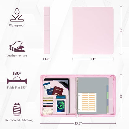 EYROZILL Zippered Leather 3 Ring Binder Organizer with Pockets – Business Portfolio Folder with Card Slots, Phone Holder, Pen Loop (Pink)