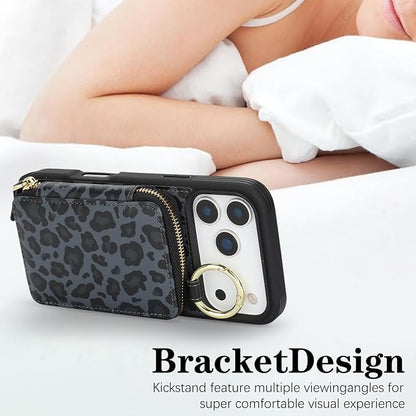 Crossbody Wallet Case for iPhone 17 Pro, PU Leather Zipper Handbag Purse Flip Cover, Kickstand Folio Case with Card Slots Holder Wrist Strap Lanyard 5G 6.3 Inch-Black Leopard