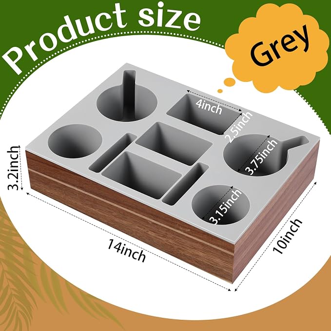 Yerliker Couch Cup Holder Tray, Silicone Lining Couch Caddy Waterproof Anti-spill Sofa Cup Holder for Bed Car Seat Organizer, Hold Mugs, Drinks, Snacks, Phones, Remotes(Rectangle,Grey,Acacia)