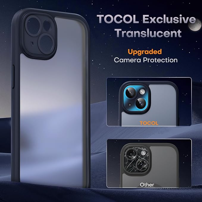 TOCOL for iPhone 15 Case, Upgraded Full Camera Protection, Rugged Phone Case for iPhone 15 6.1 Inch, Non-Slip, Drop Protection, Anti-Scratch, Dark Black