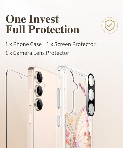 GVIEWIN for Samsung Galaxy S25 Case, Clear Floral Slim Shockproof Protective Women Phone Case, Non-Yellowing, with Screen Protector & Camera Lens Protector for Galaxy S25 6.2", Magic Butterfly/Golden