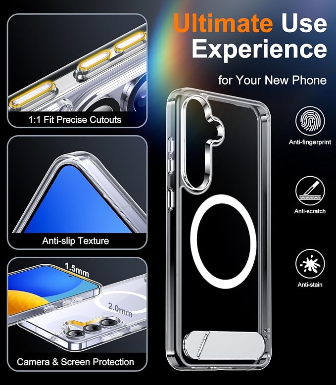 Magnetic for Samsung Galaxy S25 Case, [Innovate Stand][Military Grade Drop Protection][Non Slip][Non-Yellowing] Shockproof Phone Case for Galaxy S25 6.2" 2025 -Clear