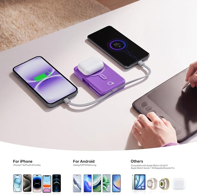 Q Magnetic Wireless Portable Charger 10,000mAh, Travel Essentials Power Bank with Built-in Cables & Foldable Stand, External Battery Pack Compatible with iPhone 17/16/15/14/13/12, Apple Watch