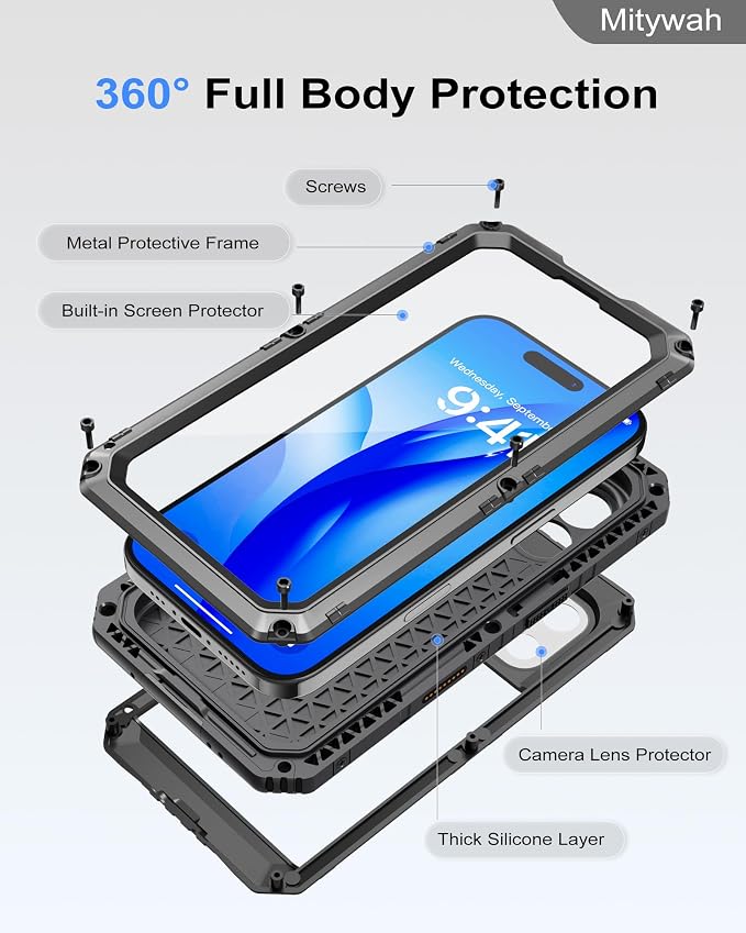 Mitywah Waterproof Case for iPhone 16, Shockproof Heavy Duty Case with Built-in Screen Protector, Underwater Full Body Protective Metal Case 6.1 inch, Black